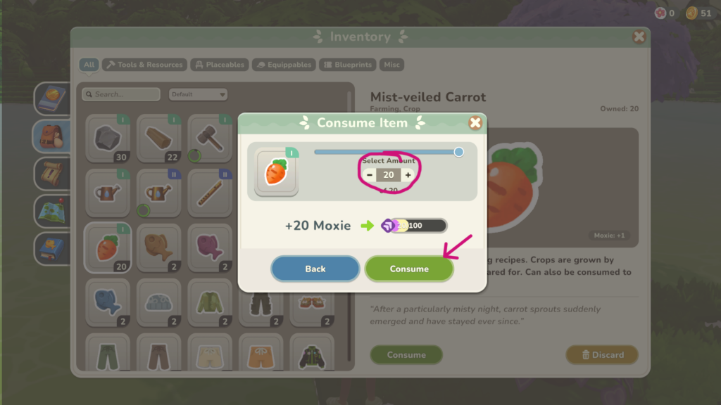 How to consume 20 carrots to get moxie and complete The Measure of Moxie quest.