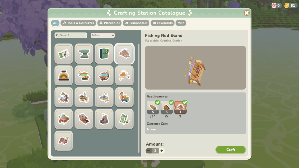 Crafting the fishing rod stand at the crafting table.