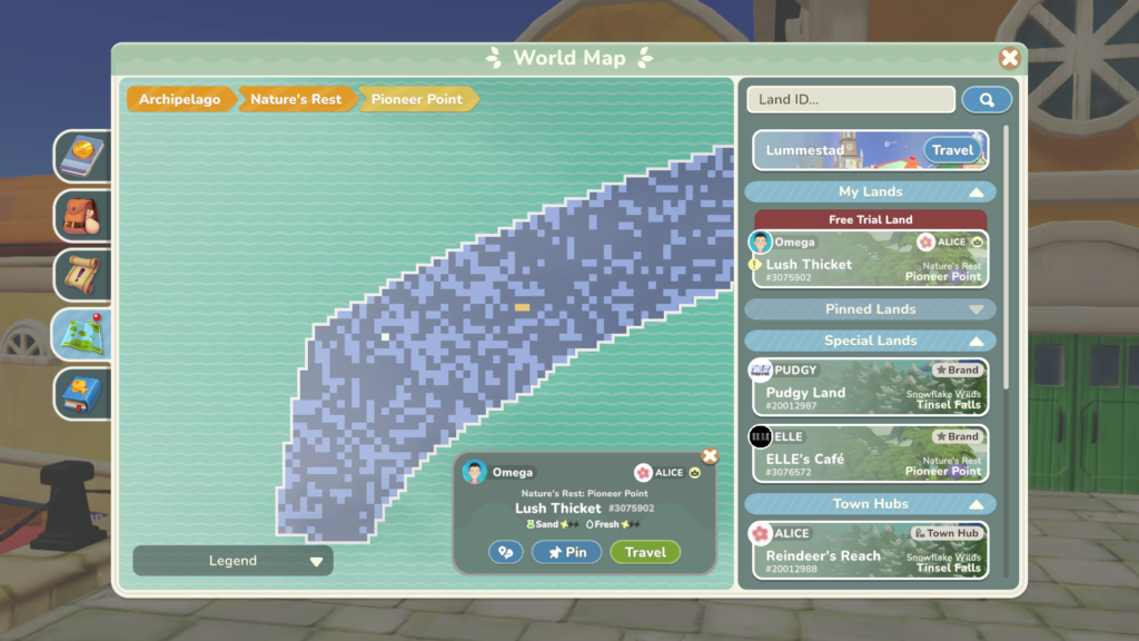 The map window when you select any particular land, showing where it is among all the others.