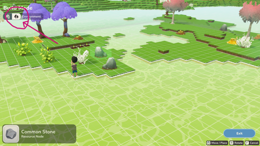 How to change to Environment mode to move or place resource nodes.