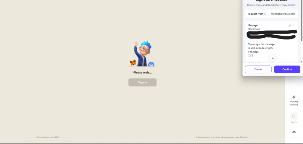 Confirm signing the message to authenticate your wallet to the website.
