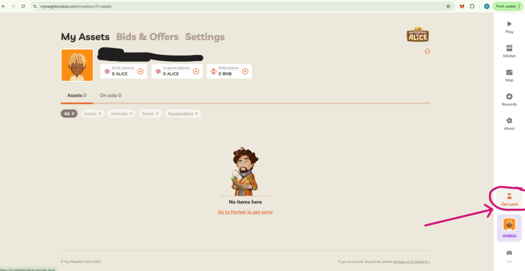 Click on Get Land to get your free land rental.