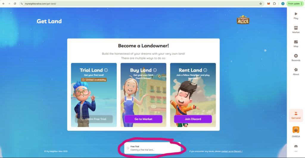 Your free Trial Land rental is shown here.