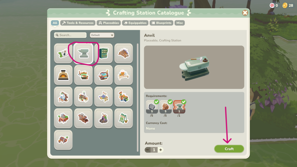 How to select the Anvil to craft.