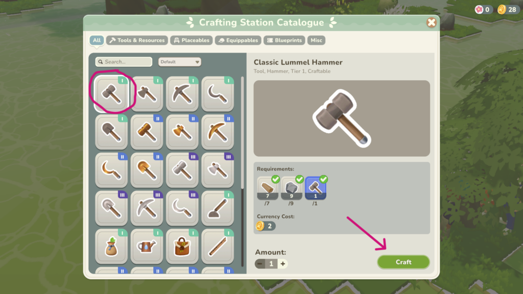 Select Classic Lummel Hammer to craft it on the anvil.