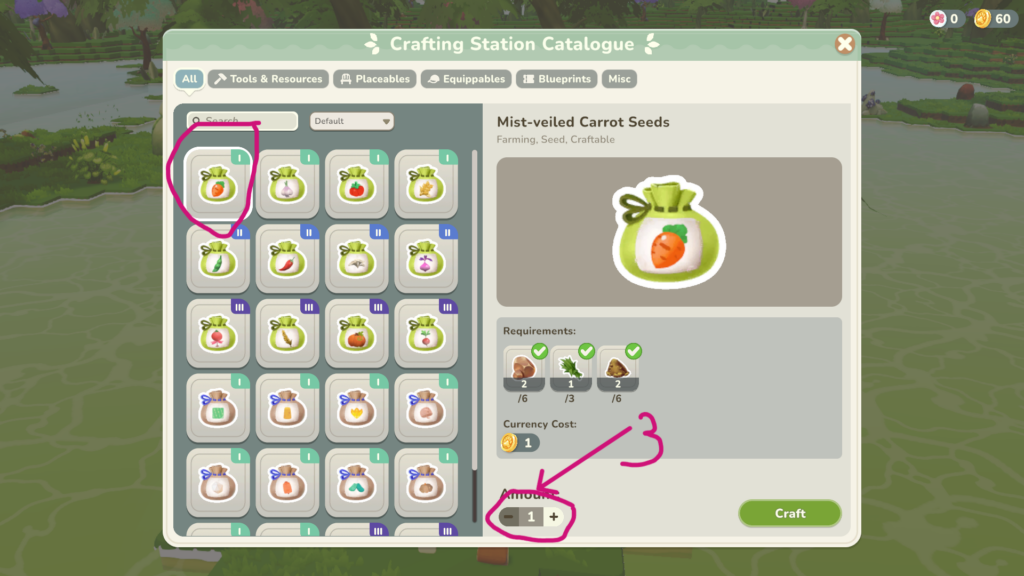 Where you can find Mist-veiled Carrot Seeds on the seed dispenser. Be sure to increase the amount to 3.